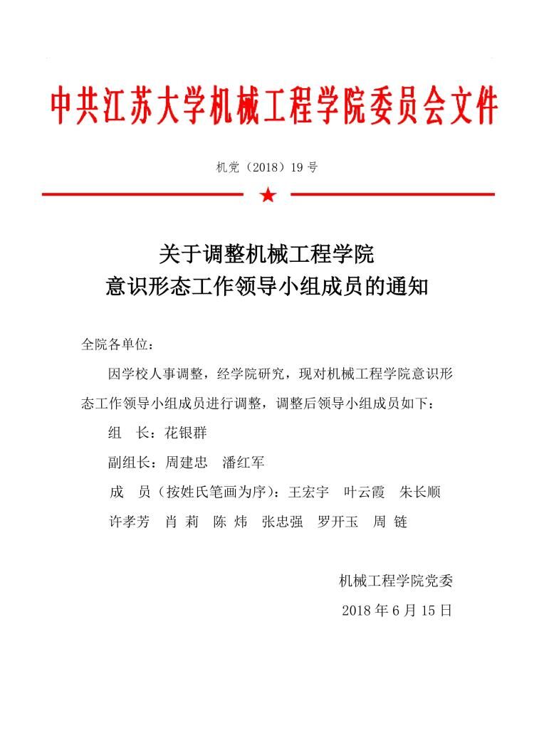 关于调整机械工程学院意识形态工作领导小组成员的通知